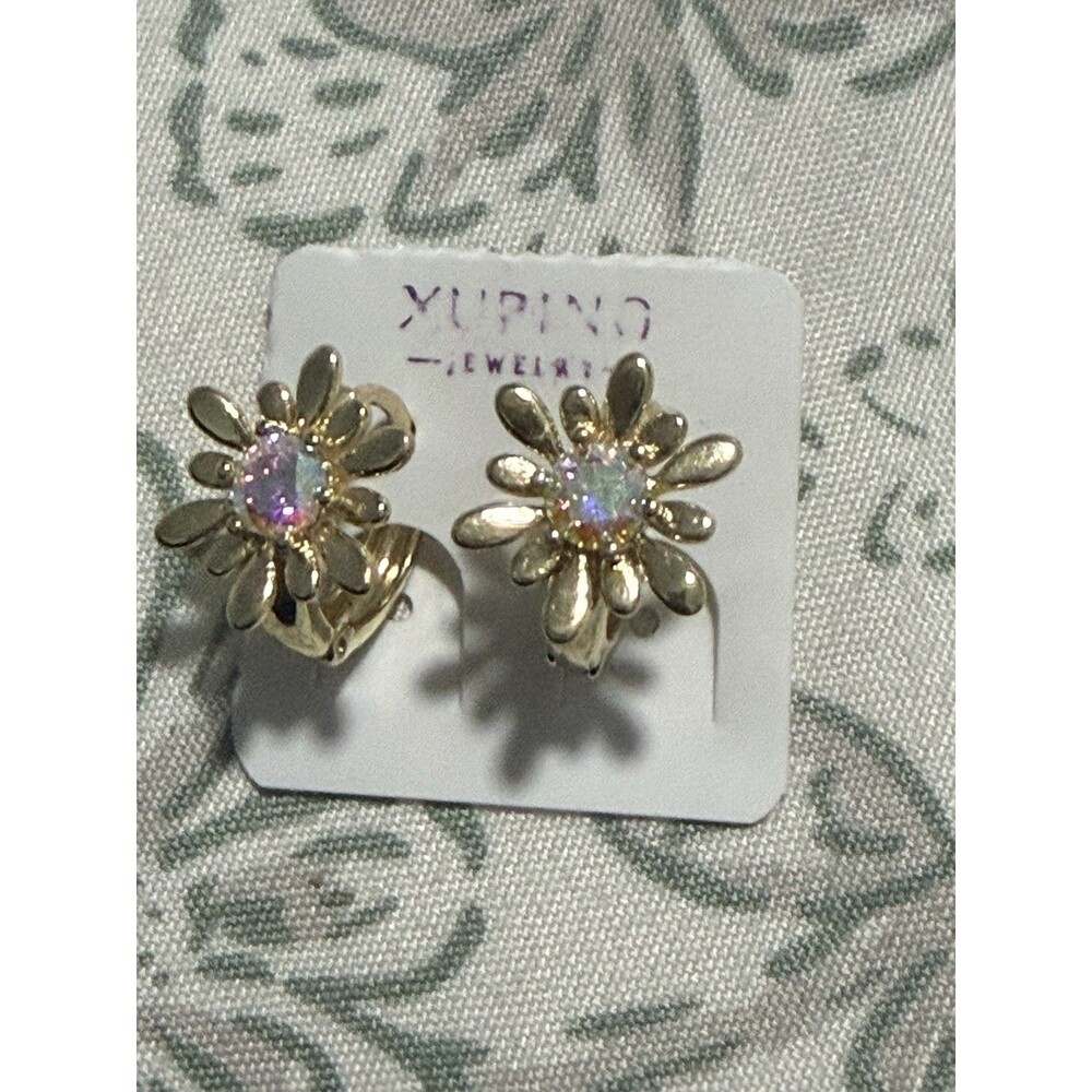 Morocan Xuping Flower Huggie Earrings Gold Metal Multicolor Round Crystal